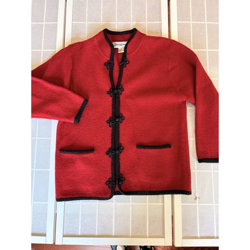 80s Crystal Kobe Petites Red 100% Boiled Wool Frog Closure Cardigan Jacket Sz L